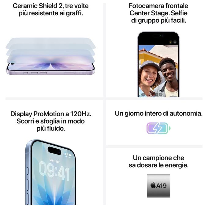Apple MG6M4QL-A iPhone 17 Smartphone 256GB Display 6.3'' OLED ProMotion 120Hz Chip A19 5G Wi-Fi 7 iOS 26 colore Lavanda