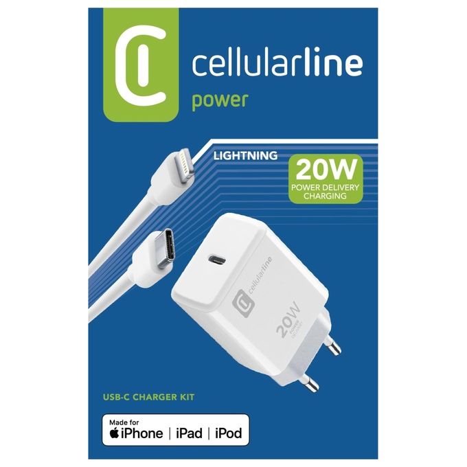 Cellularline ACHIPHKITC2LMFI20W Caricabatterie da Rete USB-C 20W con Cavo USB-C Lightning MFI per iPhone 8 e successivi colore Bianco