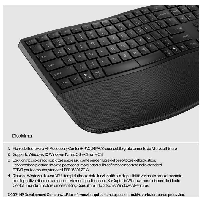 HP 8T6L9UT Tastiera HP 685 Comfort Dual-Mode Wireless Full-size con Connessione RF e Bluetooth Tasti Silenziosi Programmabili Poggiapolsi Incluso colore Nero