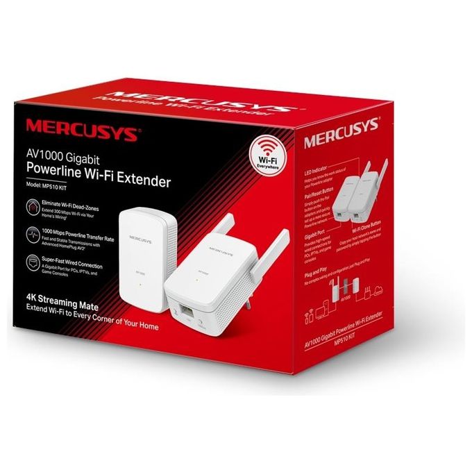 Mercusys MP510 KIT Powerline AV1000 HomePlug AV2 Wi-Fi N300 Gigabit Ethernet 2 Antenne Esterne 1000 Mbit-s colore Bianco