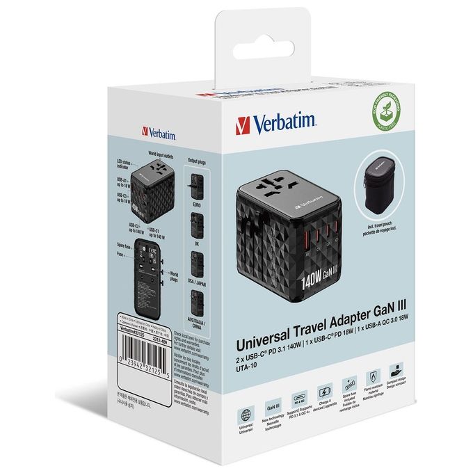 Verbatim 32125 GaN III Caricabatterie Universale da Viaggio 140W 4 Porte USB-C USB-A Power Delivery 3.1 Quick Charge 4+ colore Nero