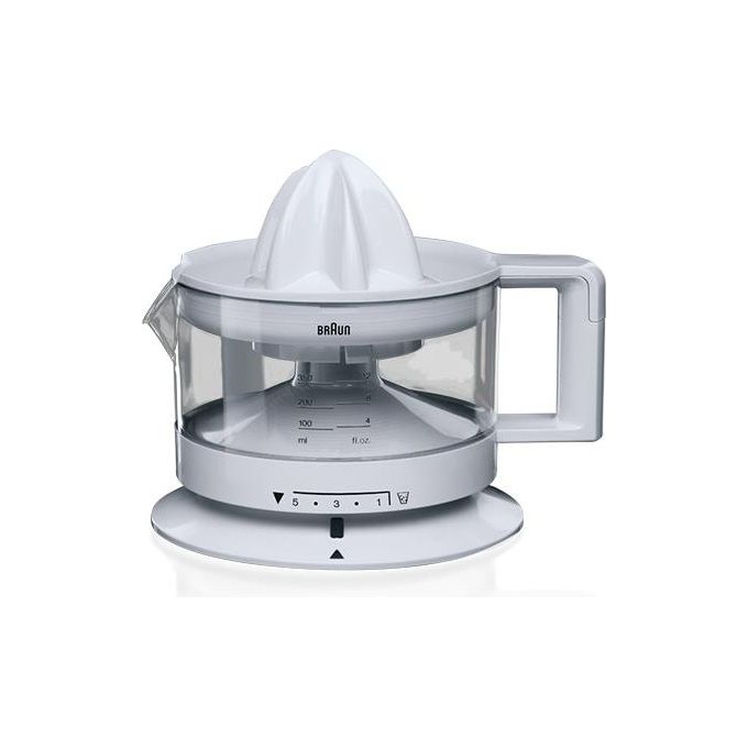 Braun CJ3000WH - Spremiagrumi elettrico, potenza 20 W, capacita' contenitore 0,35 L, rotazione bidirezionale, beccuccio antigoccia, Bianco-Trasparente