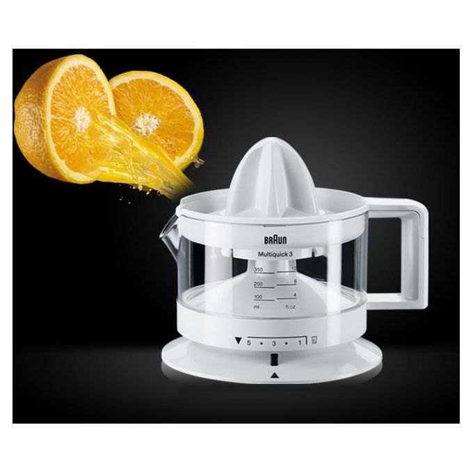 Braun CJ3000WH - Spremiagrumi elettrico, potenza 20 W, capacita' contenitore 0,35 L, rotazione bidirezionale, beccuccio antigoccia, Bianco-Trasparente