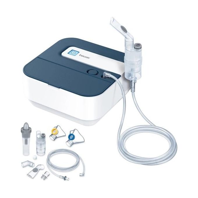 Beurer IH 28 Pro (60374) Aerosol ad aria compressa 035 ml-min ampolla standard set accesori (maschere adulti-bambini doccia nasale tubi filtri) 58-59 dB uso pediatrico e adulti alimentazione a rete Grigio-Bianco