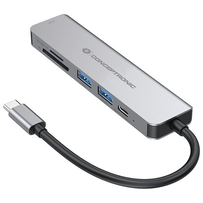 Conceptronic DONN02G Hub USB-C 6 in 1 HDMI 4K 2x USB-A 3.0 USB-C PD 60W Lettore SD microSD colore Alluminio