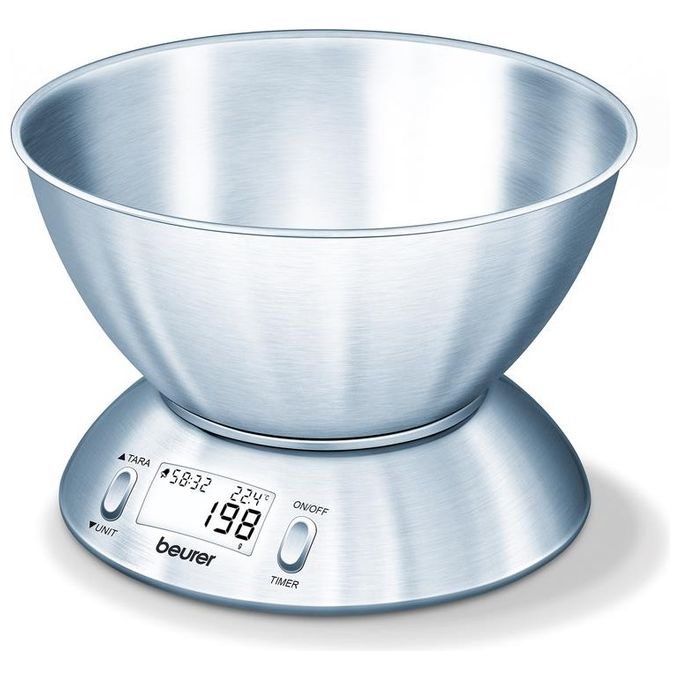 Beurer KS 54 - Bilancia da cucina, portata max 5 kg, precisione 1 g, display LCD, funzioni tara e timer, alimentazione 2 × AAA, Acciaio inox-Bianco