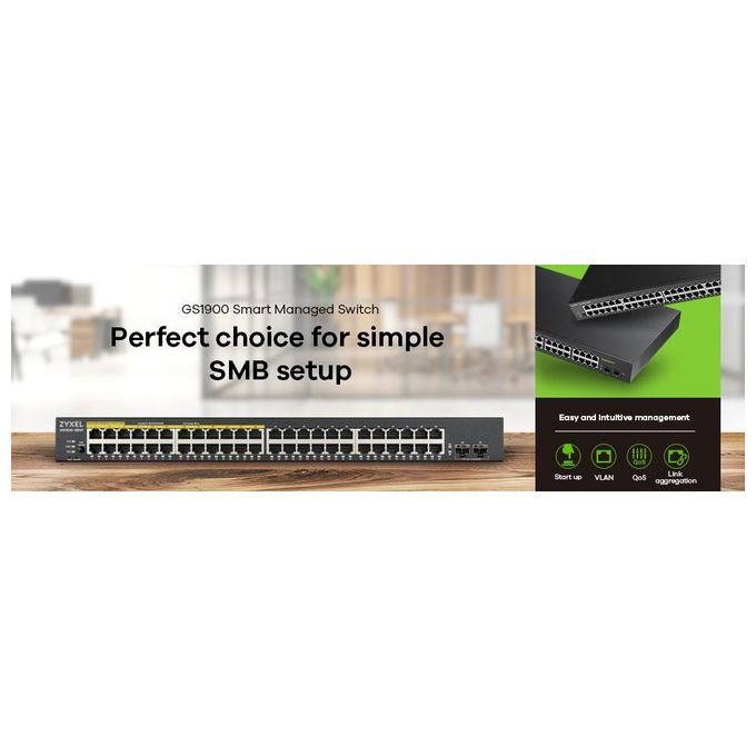 Zyxel GS1900-48-EU0102F GS1900 Switch Managed L2 48 Porte Gigabit 2 Porte SFP VLAN QoS IPv6 Senza Ventole Rack Desktop
