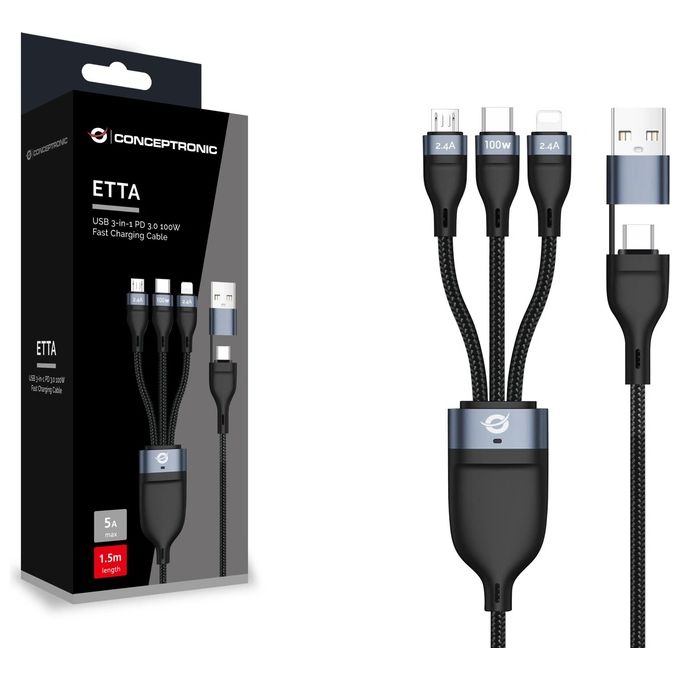 Conceptronic ETTA06B15Cavo Usb Usb 2.0 1.5mt Usb C Usb C-micro-usb B-lightning Nero
