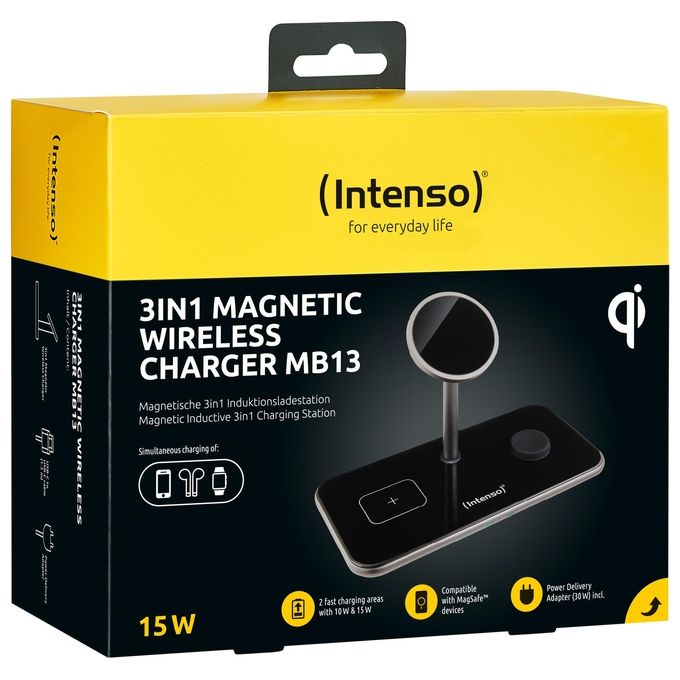Intenso 7410810 MB13 Caricabatterie Wireless 3 in 1 Compatibile MagSafe Ricarica Rapida 15 W con Alimentatore USB-C Nero