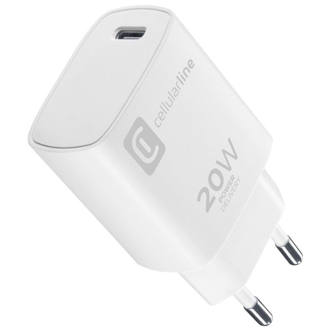 Cellularline, Caricabatteria da Rete, Usb-C 20W, Small, Bianco