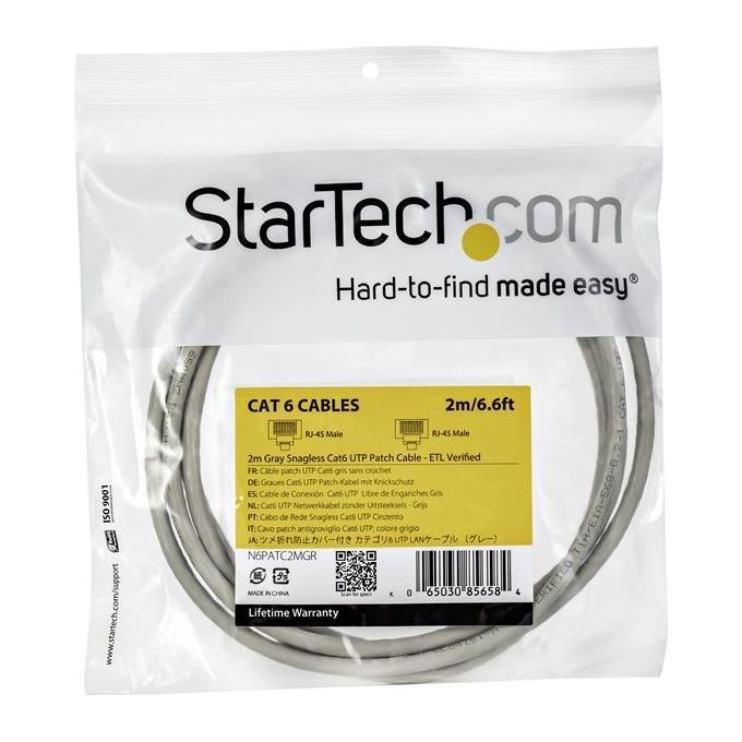 StarTech.com 2m Cat6 Gray Snagless Gigabit Ethernet Rj45 cavo maschio maschio