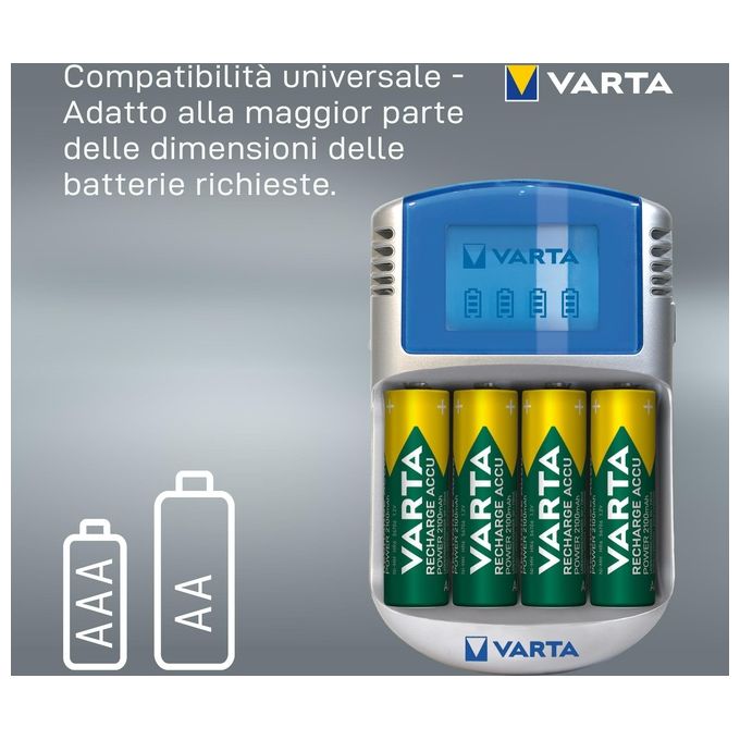 Varta PowerLcd Caricabatterie Lcd per AA-AAA con 4 Batterie AA 2600mAh Adattatore 12V e Cavo Usb Inclusi