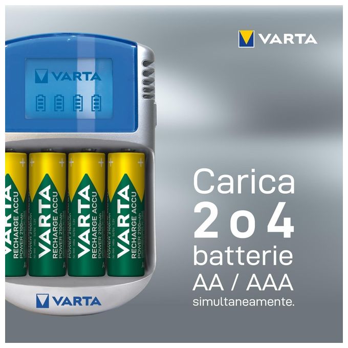 Varta PowerLcd Caricabatterie Lcd per AA-AAA con 4 Batterie AA 2600mAh Adattatore 12V e Cavo Usb Inclusi