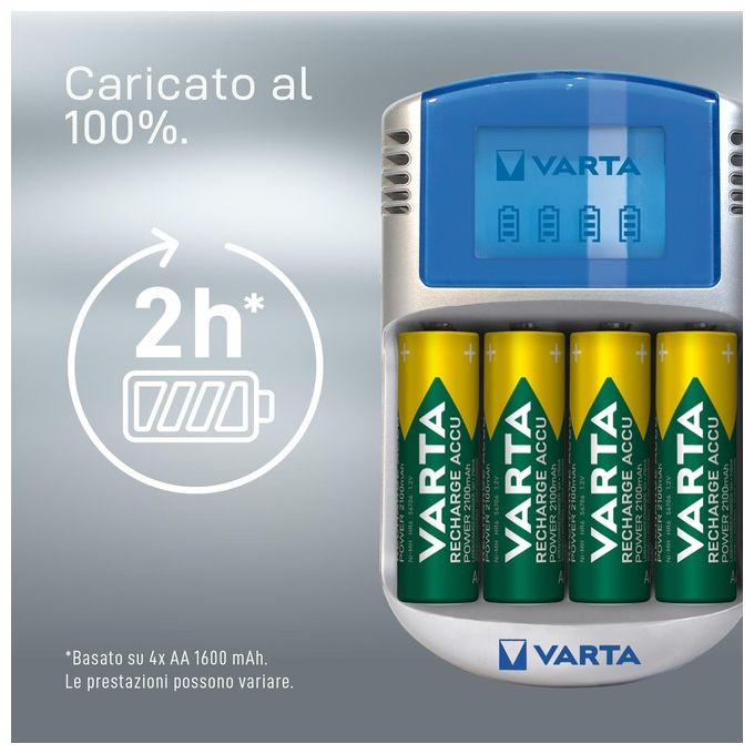 Varta PowerLcd Caricabatterie Lcd per AA-AAA con 4 Batterie AA 2600mAh Adattatore 12V e Cavo Usb Inclusi