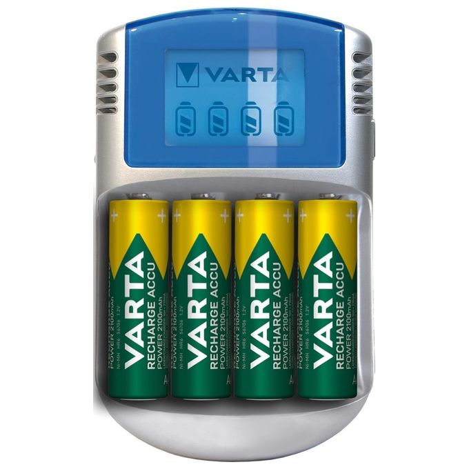 Varta PowerLcd Caricabatterie Lcd per AA-AAA con 4 Batterie AA 2600mAh Adattatore 12V e Cavo Usb Inclusi