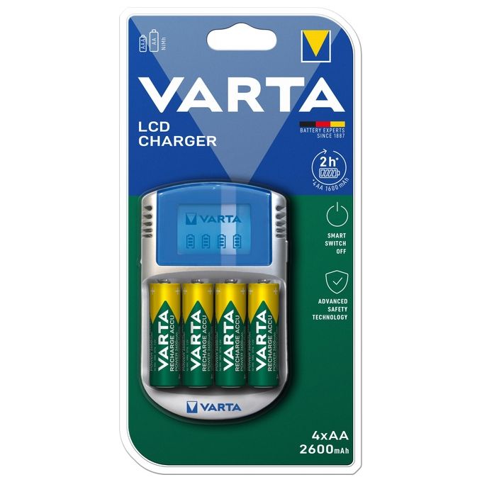 Varta PowerLcd Caricabatterie Lcd per AA-AAA con 4 Batterie AA 2600mAh Adattatore 12V e Cavo Usb Inclusi