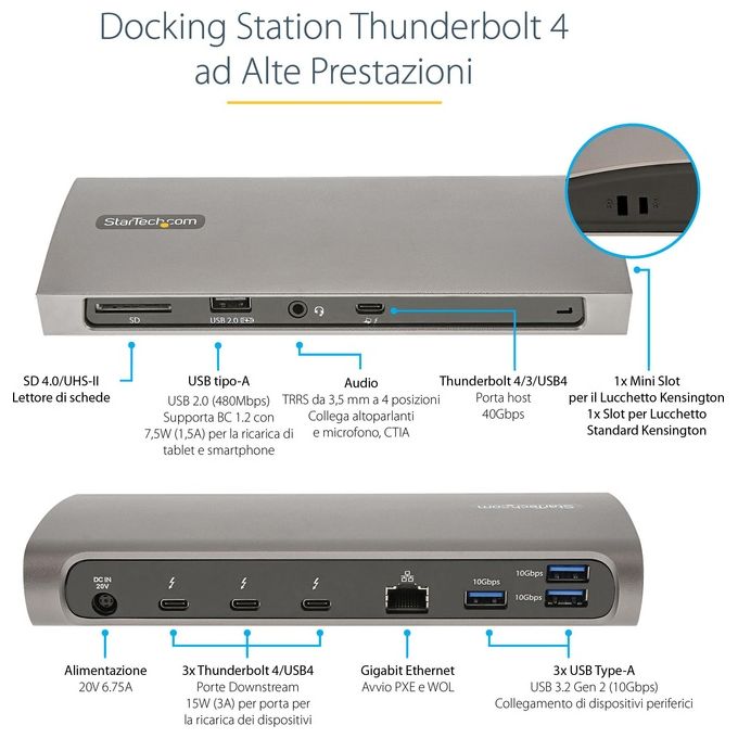 StarTech.com TB4CDOCKUE Docking Station Thunderbolt 4 Power Delivery 96W Dual Monitor 4K 60Hz Single Monitor 8K 3x Thunderbolt 4 4x USB-A SD GbE colore Nero Grigio