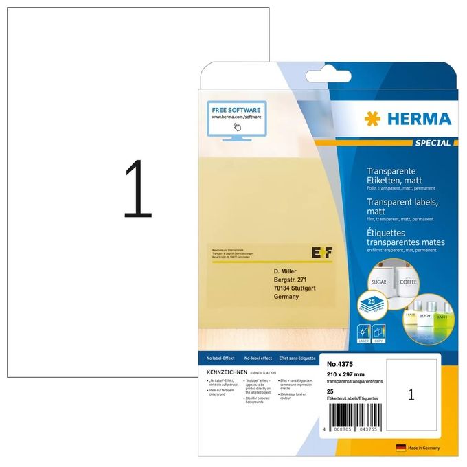 Herma Etichette Trasparenti 210x297mm 25 Fogli DIN A4 25 Pezzi