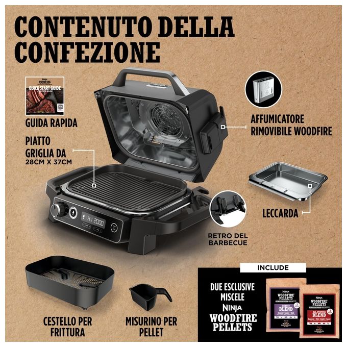Ninja OG701EU Woodfire Barbecue Elettrico Affumicatore e Friggitrice ad Aria 7 in 1 2400 W colore Grigio Nero