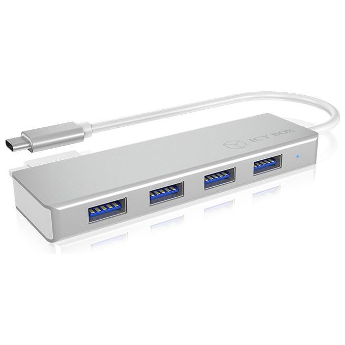 Raidsonic IB-HUB1425-C3 Hub USB-C a 4 Porte con 4 Porte USB 3.0 Connettore USB 3.0 in Alluminio Cavo Integrato Argento-Bianco