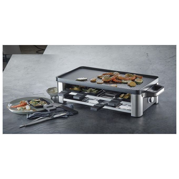 WMF 04.1504.0011 Lono Raclette elettrica per 8 persone 1500 W con piastra reversibile antiaderente colore Nero Cromo