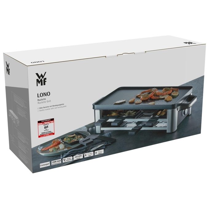 WMF 04.1504.0011 Lono Raclette elettrica per 8 persone 1500 W con piastra reversibile antiaderente colore Nero Cromo