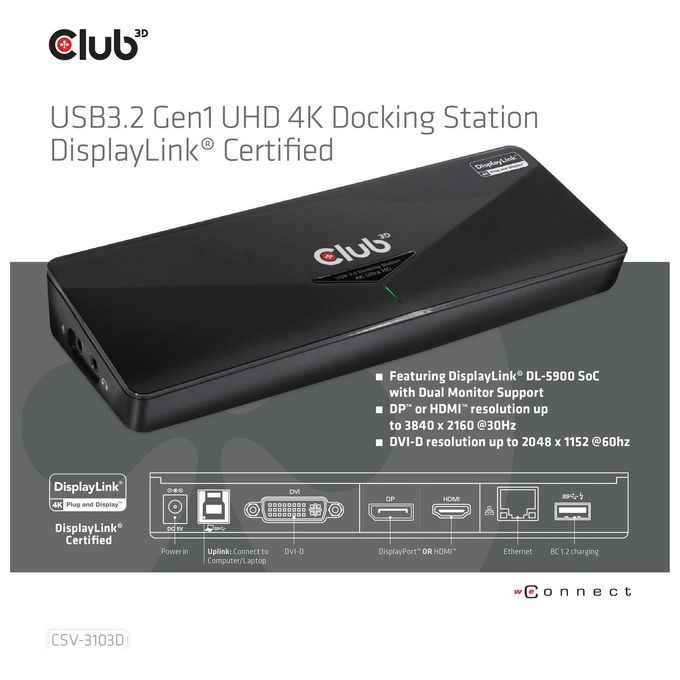 Club3d Docking Station, usb 3.0 4k30hz uhd, usb type a 3.0 Singular 4k or dual Display