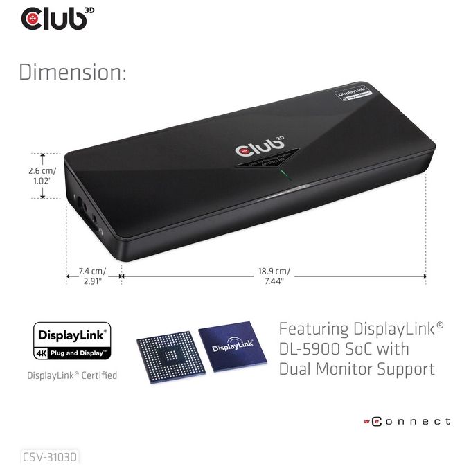 Club3d Docking Station, usb 3.0 4k30hz uhd, usb type a 3.0 Singular 4k or dual Display