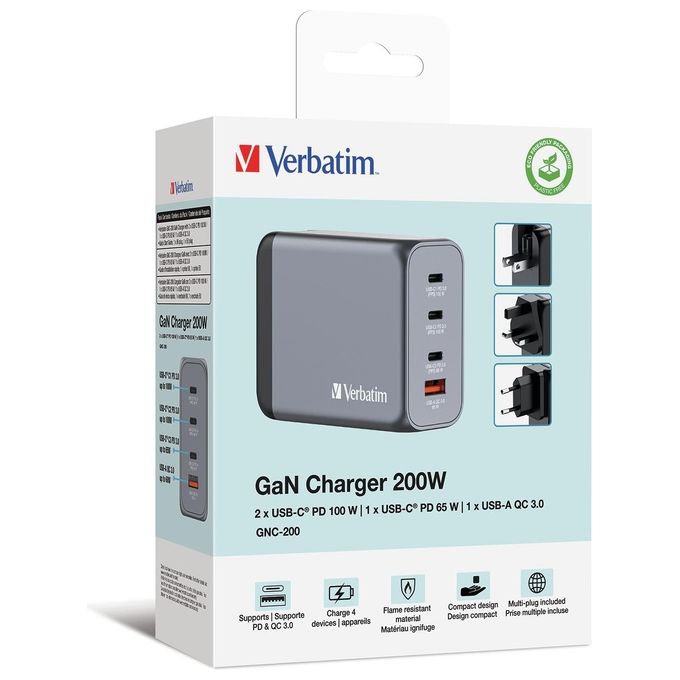 Verbatim 32204 GNC-200 Caricatore GaN 200W con 3 USB-C 1 USB-A Ricarica Rapida Quick Charge 3.0 PD PPS colore Nero Grigio