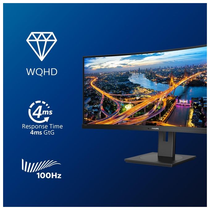 Philips Monitor 346B1C Gaming Monitor Curvo 34'' 21:9 WQHD, 100 Hz, Adaptive Sync, Multiview (PiP, PbP), KVM e Audio Integrati, HDMI, Display Port, Docking Station USB-C, RJ45, Regolabile Ergonomicamente, Vesa