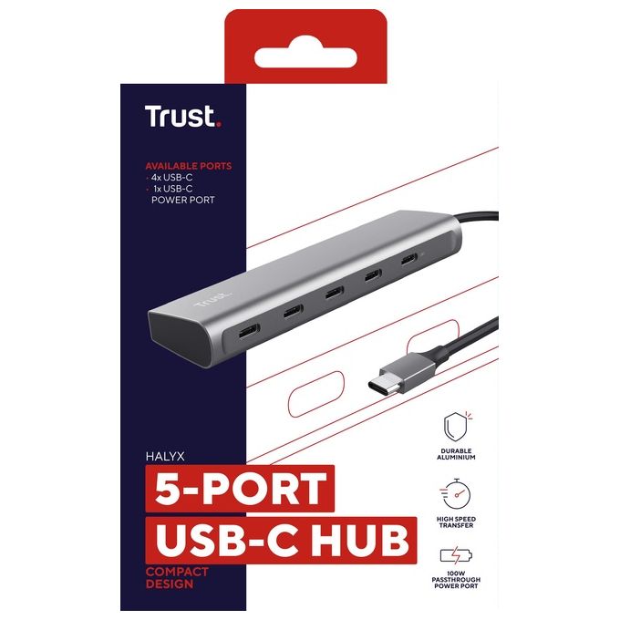 Trust Halyx 5 Porte Hub USB C 4x USB-C e Porta di Alimentazione PD 100W Argento