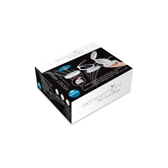 Macom Pocket Mirror 218 - Specchietto da borsa pieghevole con LED, doppio specchio (normale + ingrandimento 7×), alimentato da 4 batterie AAA, Ø 11,5 cm, Bianco