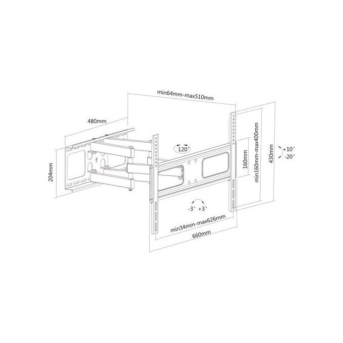 ITB Solution 17991205 Staffa per Montaggio a Muro Compatibile con Schermi da 37 a 70 Pollici Fino a 50 Kg VESA 600x400 mm Rotazione ±60° Inclinazione -20° a 10° colore Nero