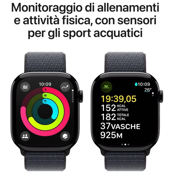 Apple MWWR3QL-A Apple Watch Series 10 Smartwatch GPS 46 mm Display Retina always-on Fitness tracker ECG Resistente all'acqua fino a 50 m Ricarica rapida 80% in 30 minuti colore Jet Black