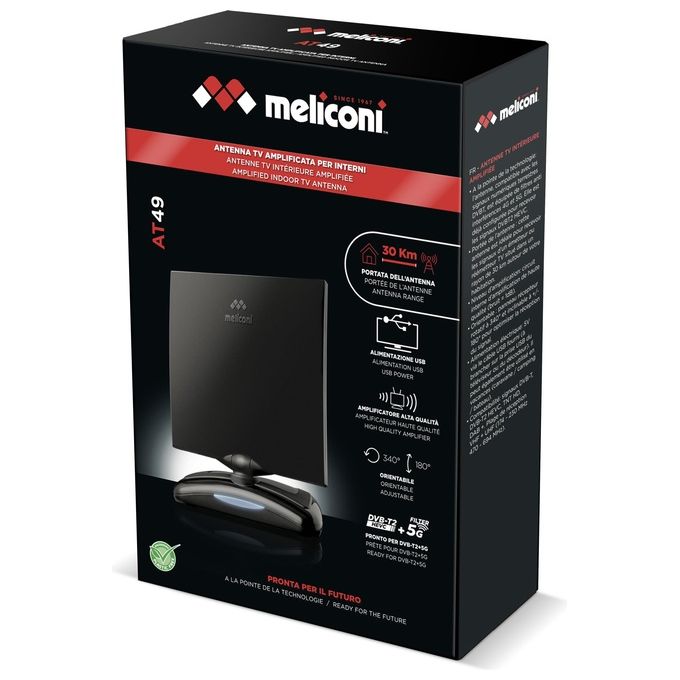 Meliconi 881002 AT49 R1 USB Antenna TV Interna Amplificata 49 dB DVB-T2 HEVC DAB+ Filtro 4G 5G Portata 30 km colore Nero