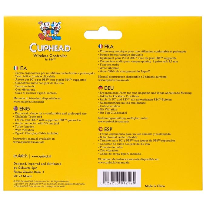 Qubick ACP40224 Cuphead Gamepad Wireless PS4 PS5 PC Bluetooth USB Vibrazione Touchpad colore Giallo