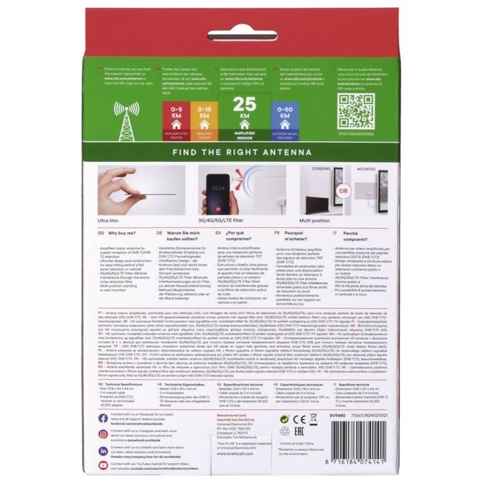 One For All SV9440-5G Antenna Interna Sottile con Filtro 3G 4G 5G DVB-T2 Full HD 238x141x44 mm colore Bianco