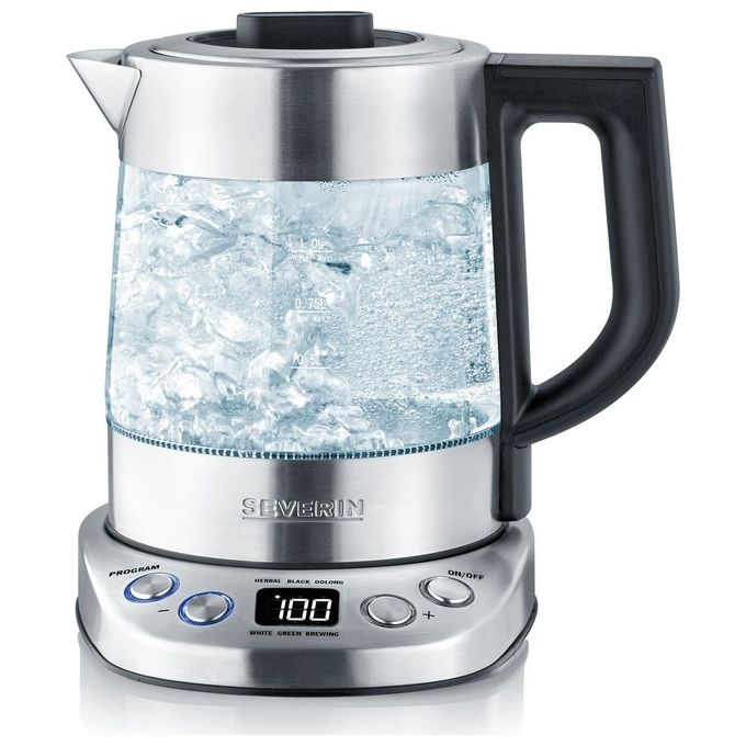 Severin WK 3473 Bollitore per Acqua e Te' 1 L 2200 W con 5 Programmi Preimpostati Temperatura Regolabile da 40°C a 100°C colore Vetro e Acciaio Inox