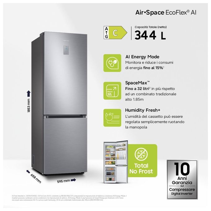 Samsung RB34C775CS9 EcoFlex AI Frigorifero Combinato 344 L 185 cm Classe C 35 dB No Frost Wi-Fi SpaceMax colore Inox