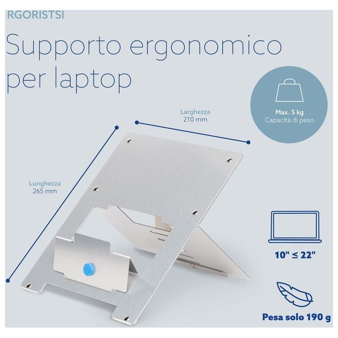 R Go Tools RGORISTSI R-Go Riser Supporto Portatile Regolabile in 5 Posizioni per Laptop e Tablet da 10 a 22 Pollici Angolo 30-57° Portata 5 Kg Materiale in Alluminio Hylite Pieghevole Ultrasottile colore Argento