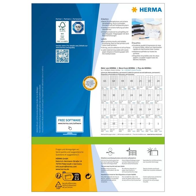 Herma Premium Etichette 38,1x21,2mm 100 Fogli DIN A4 6500 Pezzi