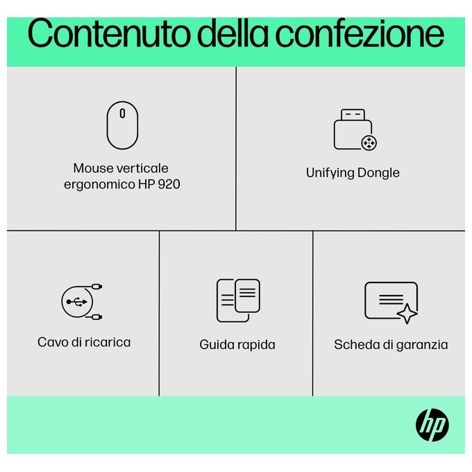 HP 6H1A4AA#ABB Mouse wireless ergonomico 920 Design verticale 4000 DPI 5 tasti programmabili Batteria ricaricabile USB Type-C colore Nero