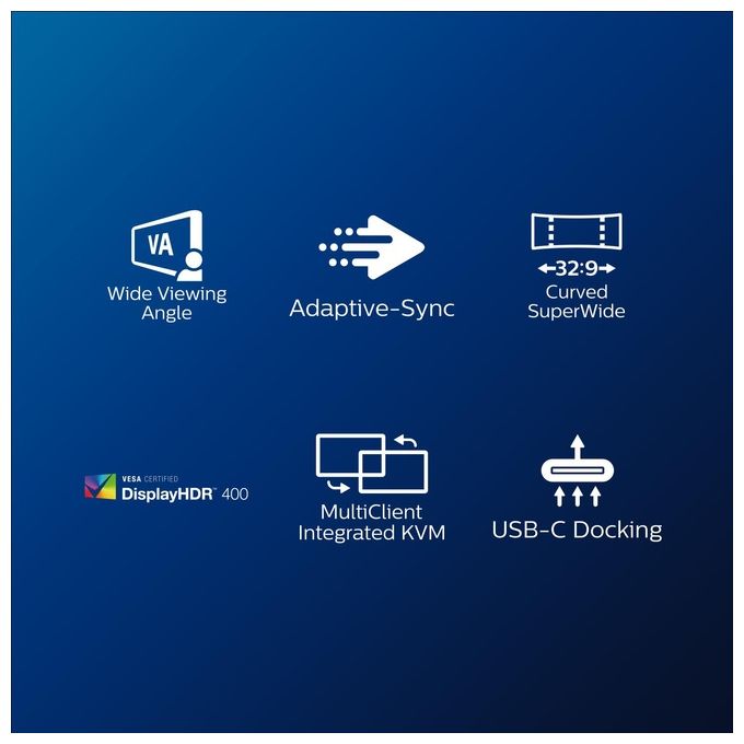 Philips Monitor Curvo 49'', 499P9H, Gaming Superwide 32:9, risoluzione 5120*1440, Adaptive Sync, HDR 400, Multiview con KVM Switch integrato, Docking station USB-C, Microfono, Low Blue, Vesa, Nero