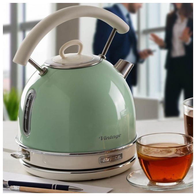 Ariete 2877 Vintage - Bollitore elettrico 1,7 L, 2 000 W, corpo acciaio inox, base cordless 360°, spegnimento automatico, filtro anticalcare rimovibile, Verde pastello-Acciaio