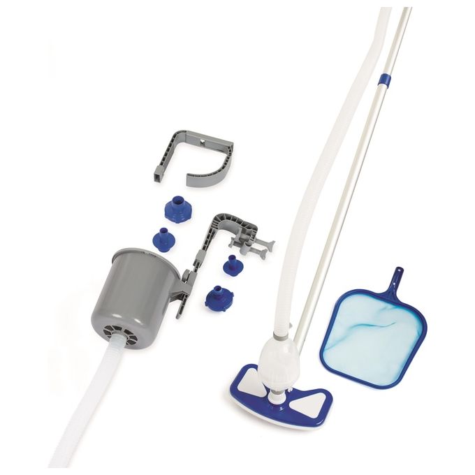 Bestway 58237 Flowclear Deluxe Kit Manutenzione Piscina Skimmer Spazzola Retino Asta 279 cm Tubo 7.5 m colore Blu Bianco