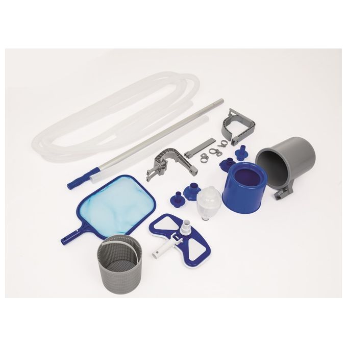 Bestway 58237 Flowclear Deluxe Kit Manutenzione Piscina Skimmer Spazzola Retino Asta 279 cm Tubo 7.5 m colore Blu Bianco