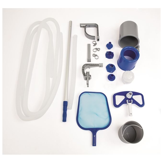 Bestway 58237 Flowclear Deluxe Kit Manutenzione Piscina Skimmer Spazzola Retino Asta 279 cm Tubo 7.5 m colore Blu Bianco