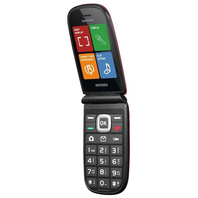 Brondi 10281062 Raptor Telefono per anziani Clamshell Dual SIM Display 2.8'' Fotocamera Flash Torcia 3 Pulsanti Rapidi colore Orange Metal