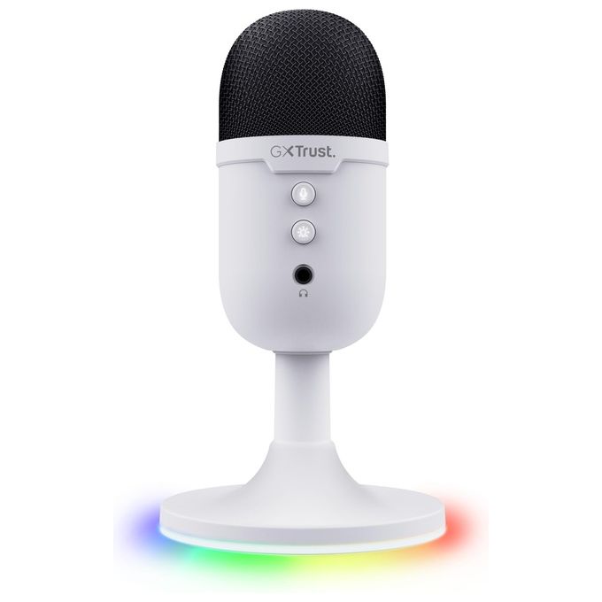Trust S9913958 GXT 234W Yunix Microfono USB da Tavolo con Pattern Cardioide Filtro Pop Integrato e Illuminazione RGB Uscita Cuffie Pulsante Mute colore Bianco