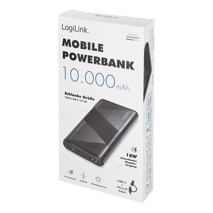 Logilink Power Bank 10000 mAh 1 Usb-A QC (QuickCharge 3.0) e 1 Usb-C PD (Power Delivery 2.0) con cavo 2 in 1 Nero